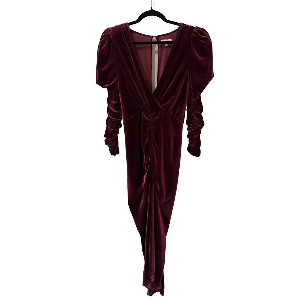 Ronny Kobo Alicia Velvet Midi Dress Burgundy Red Long Sleeve XL Sheath